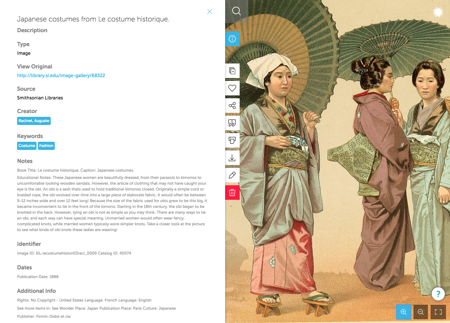 The metadata from Japanese costumes from Le costume historique, from Smithsonian Libraries, contains “Educational Notes,” that include all the elements teachers want: detailed description, historical and cultural contexts, and the significance of the resource. The metadata from Japanese costumes from Le costume historique, from Smithsonian Libraries, contains “Educational Notes,” that include all the elements teachers want: detailed description, historical and cultural contexts, and the significance of the resource.