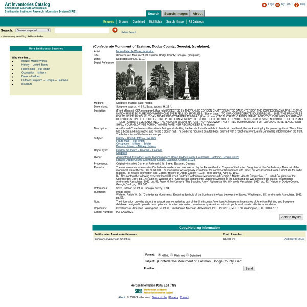 Resources (Confederate Monument of Eastman, Dodge County, (sculpture) Smithsonian