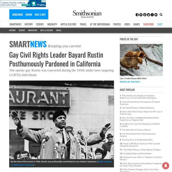 Resources Gay Civil Rights Leader Bayard Rustin Posthumously Pardoned In California