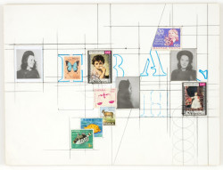 A collage depicting an arrangement of stamps, photographs of a young girl wearing a hat, blue outlined letters, and an irregular grid in pencil, all on a sheet of white paper.