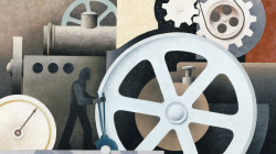 An abstract painting depicting a shadowed worker controlling a large structure of gears and machinery