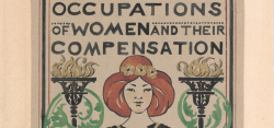 A woman in a black dress, with gold bands across her chest and a medallion at the center with the letters "AT," stands holding an open book with a gold cover, and above the woman is written in black text: OCCUPATION / OF WOMEN AND THEIR / COMPENSATION.