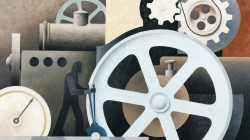 Abstract painting depicting a shadowed worker controlling a large structure of gears and machinery