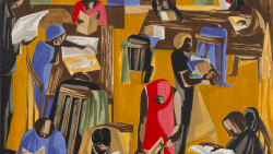 Colorful view of a crowded library with individuals absorbed in their books