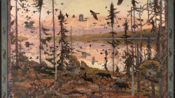 Painting of hundreds of birds and mammals moving in front of a tree-crowded body of water