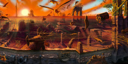Painting of a submerged, post-apocalyptic Brooklyn waterfront, showing bridges in decay, streets and subway tracks underwater, and many of birds and fish living in the ruins